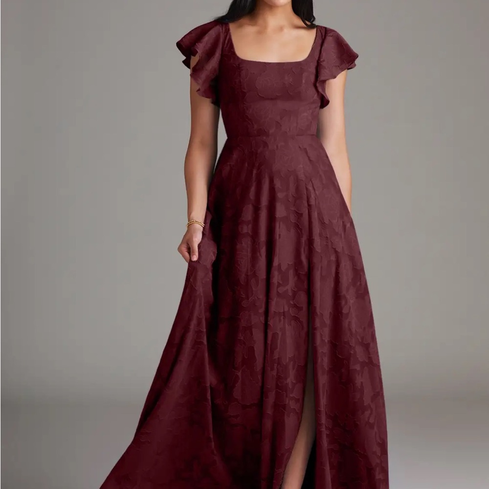Azazie Cabernet A-Line Side Slit Floral Burnout Formal Dress